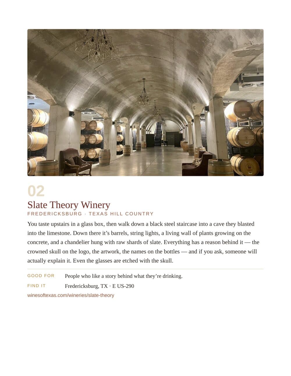 A guide page for Slate Theory Winery showing the limestone cave lined with wine barrels, hanging lights, and a chandelier, with field notes below.